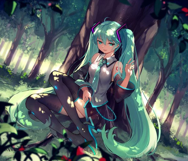 Anime picture 876x750 with vocaloid hatsune miku baisi shaonian single looking at viewer sitting twintails very long hair aqua eyes aqua hair girl thighhighs skirt hair ornament black thighhighs plant (plants) detached sleeves miniskirt tree (trees) necktie