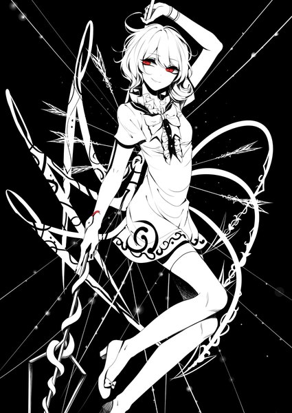 Anime picture 1700x2400 with touhou houjuu nue sheya single tall image breasts smile red eyes holding looking away nail polish parted lips arm up short sleeves high heels black background monochrome smirk spot color asymmetrical wings