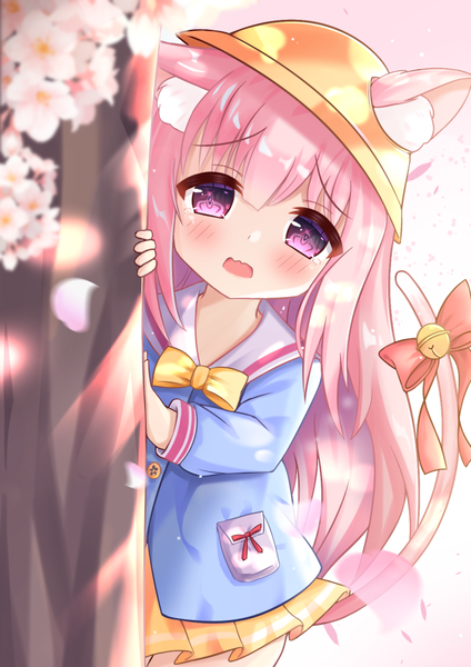 Anime picture 714x1010 with azur lane kisaragi (azur lane) ss851251 single long hair tall image looking at viewer blush fringe open mouth standing purple eyes animal ears payot pink hair outdoors tail animal tail blurry cat ears