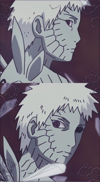 Anime picture 550x1000 with naruto studio pierrot naruto (series) uchiha obito tobi tall image looking at viewer short hair lips grey hair eyebrows multiview akatsuki sharingan grey skin boy