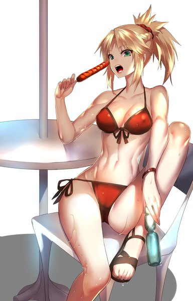 Anime picture 1285x2000 with fate (series) fate/grand order mordred (fate) mordred (swimsuit rider) (fate) rahato single tall image looking at viewer fringe short hair breasts open mouth light erotic simple background blonde hair white background sitting bare shoulders holding green eyes