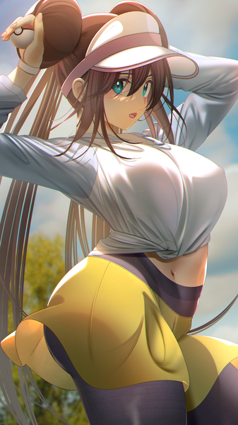 Anime picture 2273x4041 with pokemon pokemon black and white nintendo rosa (pokemon) nanaken nana single long hair tall image looking at viewer fringe highres breasts open mouth light erotic smile hair between eyes brown hair large breasts standing twintails