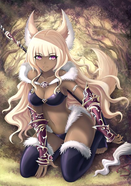 Anime picture 2480x3508 with original yuki7128 single long hair tall image looking at viewer fringe highres breasts light erotic blonde hair smile purple eyes animal ears cleavage tail blunt bangs animal tail fur trim kneeling