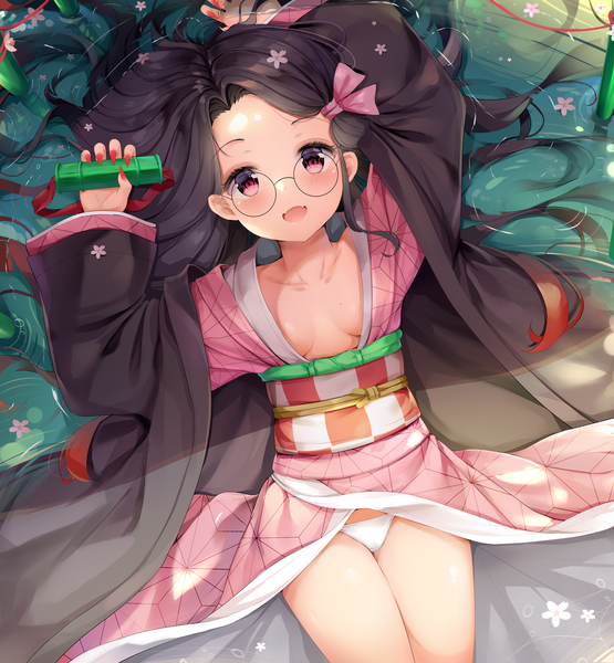 Anime picture 2500x2700 with kimetsu no yaiba ufotable kamado nezuko chintora0201 single long hair tall image looking at viewer blush fringe highres breasts open mouth light erotic black hair smile red eyes lying nail polish traditional clothes