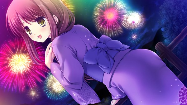 Anime picture 1024x576 with lovely quest long hair open mouth brown hair wide image yellow eyes game cg japanese clothes fireworks girl bow kimono obi