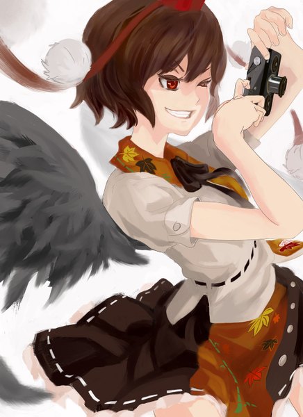 Anime picture 1000x1375 with touhou shameimaru aya single tall image short hair smile red eyes brown hair one eye closed wink black wings girl camera