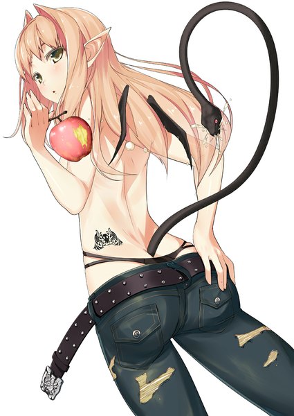 Anime picture 800x1130 with original kinugasa yuuichi single long hair tall image blush light erotic simple background blonde hair white background yellow eyes pointy ears tattoo topless girl belt fruit apple jeans snake