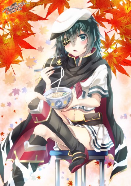 Anime picture 728x1032 with kantai collection kiso light cruiser yuihira asu (sorairo as) single tall image looking at viewer blush fringe short hair open mouth hair between eyes sitting signed aqua eyes aqua hair bare belly crossed legs dated remodel (kantai collection) girl