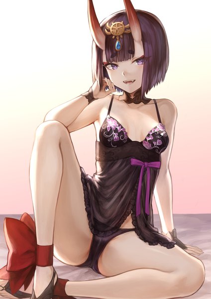 Anime picture 1302x1842 with fate (series) fate/grand order shuten douji (fate) mashuu (neko no oyashiro) single tall image looking at viewer blush fringe short hair breasts open mouth light erotic simple background sitting purple eyes cleavage purple hair horn (horns) arm support