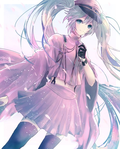 Anime picture 1485x1840 with vocaloid hatsune miku alicetype single tall image looking at viewer blush fringe smile twintails very long hair aqua eyes wind aqua hair bare belly girl thighhighs gloves flower (flowers) black thighhighs