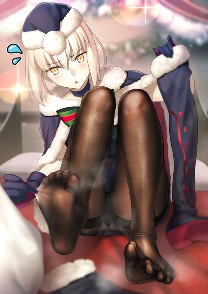 Anime picture 2305x3261 with fate (series) fate/grand order artoria pendragon (all) santa alter besmiled single tall image looking at viewer blush fringe highres short hair open mouth light erotic blonde hair hair between eyes sitting yellow eyes full body bent knee (knees)