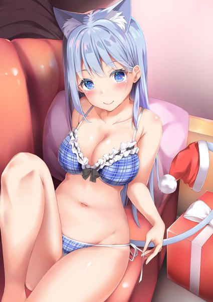 Anime picture 1003x1417 with original tatsumiya kagari single long hair tall image looking at viewer blush fringe breasts blue eyes light erotic smile animal ears blue hair bent knee (knees) indoors head tilt from above underwear only reclining