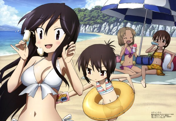 Anime picture 5948x4085 with a channel megami magazine ichii tooru nishi yuuko momoki run tennouji nagisa kaidou hiroyuki long hair blush highres short hair black hair red eyes brown hair multiple girls yellow eyes absurdres official art beach girl