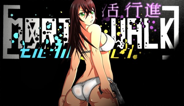 Anime picture 3200x1850 with erucyano single long hair highres light erotic brown hair wide image green eyes ass from behind text girl underwear panties pistol