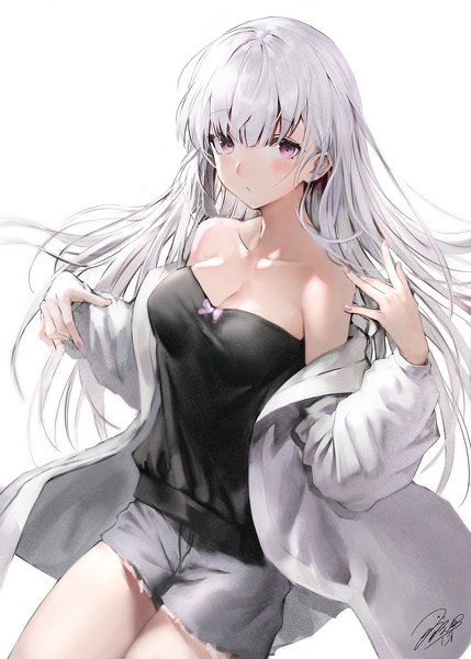 Anime picture 858x1200 with original iori (cpeilad) single long hair tall image looking at viewer blush fringe breasts simple background hair between eyes white background bare shoulders signed cleavage silver hair nail polish pink eyes fingernails off shoulder