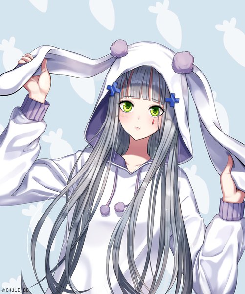 Anime picture 3712x4443 with girls frontline hk416 (girls frontline) chuli 00 single long hair tall image looking at viewer blush fringe highres green eyes signed animal ears absurdres silver hair upper body blunt bangs bunny ears twitter username facial mark