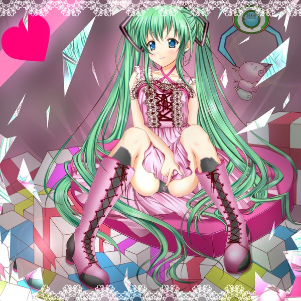 Anime picture 1920x1920 with vocaloid hatsune miku noumin (artist) long hair highres blue eyes light erotic cleavage green hair pantyshot pantyshot sitting girl boots heart gift