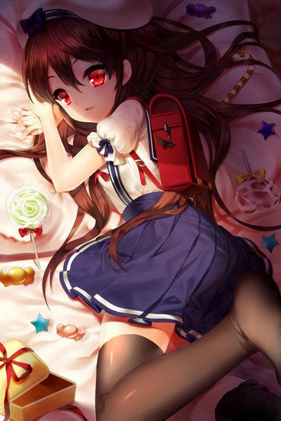 Anime picture 1500x2250 with sword girls black joa single long hair tall image open mouth red eyes brown hair lying loli girl thighhighs skirt black thighhighs food sweets beret