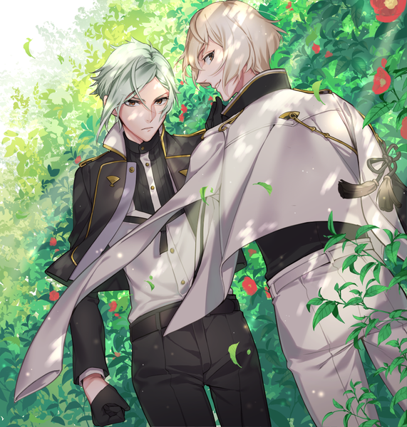 Anime picture 975x1025 with touken ranbu nitroplus higekiri (touken ranbu) hizamaru (touken ranbu) noes tall image looking at viewer short hair blonde hair brown eyes silver hair profile looking back wind from behind multiple boys clothes on shoulders boy gloves black gloves