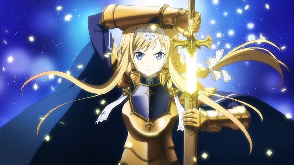Anime picture 1280x720 with sword art online sword art online: alicization a-1 pictures alice zuberg single long hair looking at viewer fringe blue eyes blonde hair wide image holding game cg upper body arm up floating hair glowing blue background serious unsheathing
