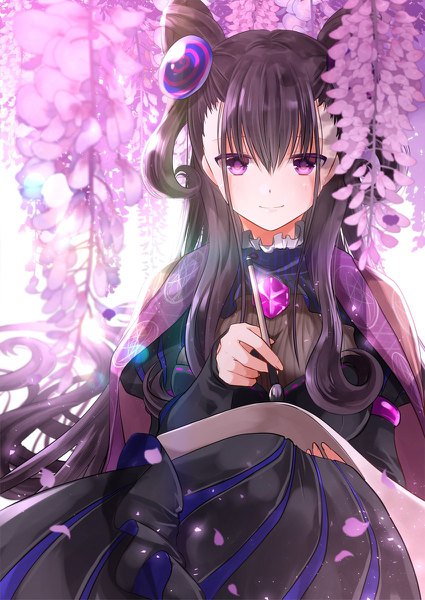 Anime picture 850x1200 with fate (series) fate/grand order murasaki shikibu (fate) iroha (shiki) single long hair tall image looking at viewer blush fringe breasts smile hair between eyes brown hair large breasts purple eyes holding payot hair bun (hair buns) two side up