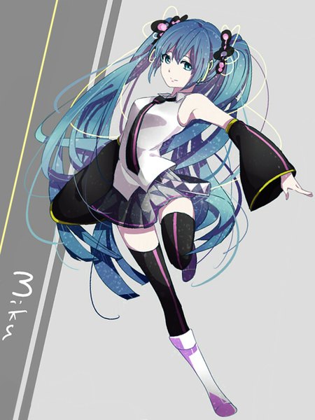 Anime picture 600x800 with vocaloid hatsune miku otojirou single tall image looking at viewer fringe blue eyes standing twintails bare shoulders payot blue hair full body very long hair pleated skirt grey background wide sleeves character names floating hair