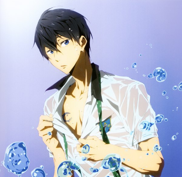 Anime picture 2128x2068 with free! kyoto animation nanase haruka (free!) nishiya futoshi single highres short hair blue eyes black hair simple background looking away scan official art tattoo undressing wet clothes purple background wet shirt boy uniform
