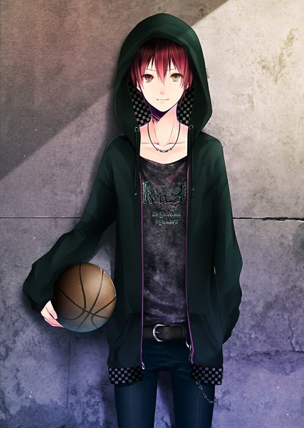 Anime picture 800x1123 with kuroko no basket production i.g akashi seijuurou harumoti tall image looking at viewer fringe red eyes standing holding yellow eyes red hair light smile alternate costume heterochromia light checkered against wall boy jacket