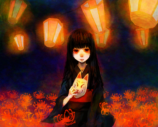 Anime picture 1474x1188 with original ray (artist) single long hair black hair red eyes japanese clothes girl belt kimono lantern fox mask higanbana
