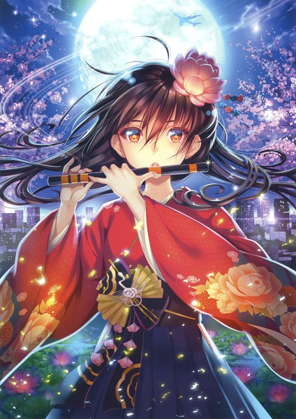 Anime picture 2122x3000 with original eshi 100-nin ten nishimura eri single long hair tall image looking at viewer fringe highres black hair hair between eyes red eyes standing cloud (clouds) upper body ahoge traditional clothes parted lips japanese clothes hair flower