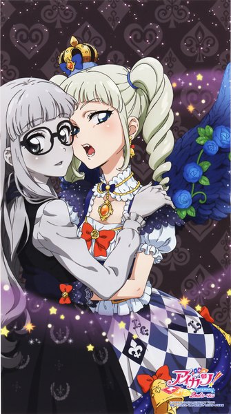 Anime picture 1956x3500 with aikatsu! toudou yurika ishikawa kayoko long hair tall image blush fringe highres open mouth blue eyes standing twintails multiple girls grey hair sparkle puffy sleeves drill hair wavy hair pale skin checkered
