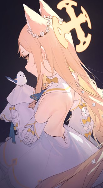 Anime-Bild 2616x4776 mit blue archive seia (blue archive) shenqi de (9) single long hair tall image highres simple background blonde hair bare shoulders animal ears yellow eyes looking away profile from above from behind back black background bare back hands in sleeves