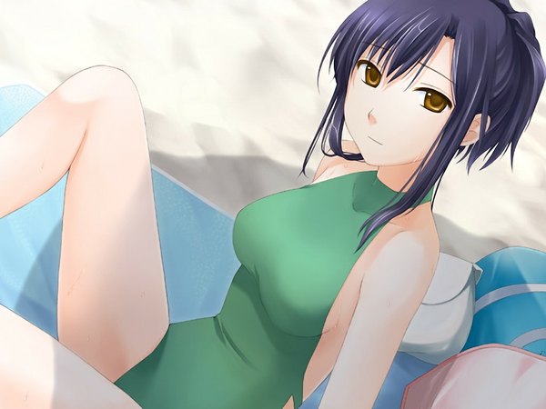 Anime picture 1024x768 with amanatsu black hair yellow eyes game cg beach girl swimsuit