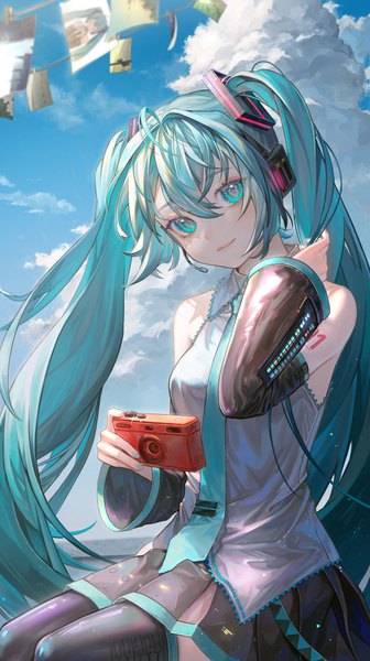 Anime picture 1007x1798 with vocaloid hatsune miku tamaki599 single long hair tall image looking at viewer fringe smile hair between eyes twintails sky cloud (clouds) ahoge outdoors head tilt aqua eyes aqua hair girl thighhighs