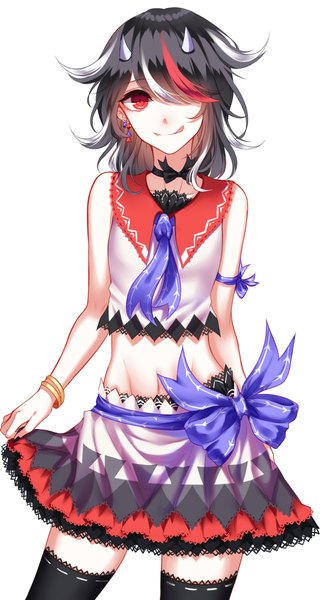 Anime picture 1300x2400 with touhou kijin seija sheya single long hair tall image looking at viewer fringe black hair simple background smile red eyes white background multicolored hair horn (horns) hair over one eye midriff zettai ryouiki sleeveless :q