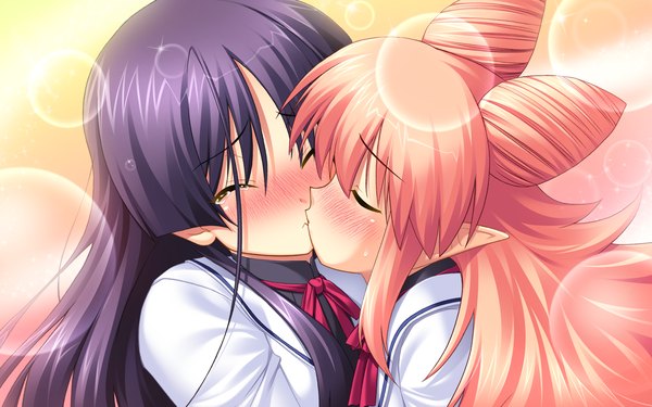 Anime picture 1920x1200 with chu x chu idol chu x chu idol 2 takamachi yukino ruuchu astram akifumi ozawa blush highres wide image multiple girls game cg purple hair eyes closed pink eyes pointy ears tears kiss girl 2 girls