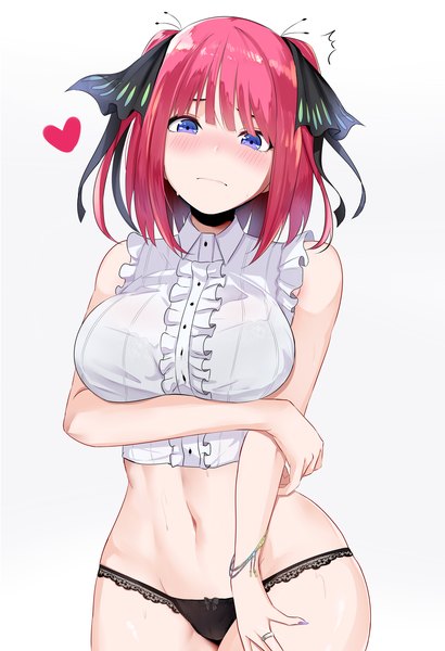 Anime picture 4000x5846 with go-toubun no hanayome nakano nino reeze (artist) single tall image blush fringe highres short hair breasts blue eyes light erotic simple background large breasts standing payot pink hair absurdres blunt bangs nail polish