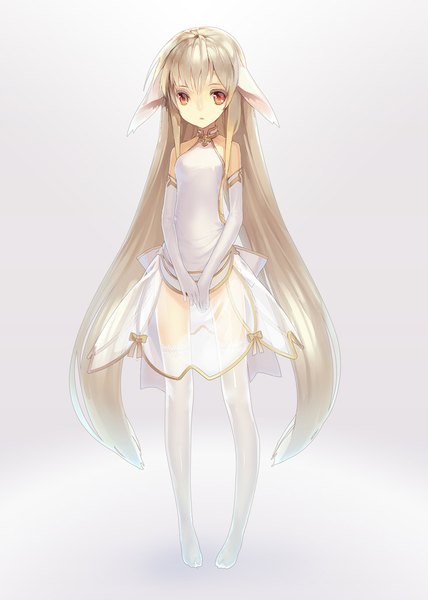 Anime picture 733x1027 with original ritsuki single long hair tall image looking at viewer fringe simple background blonde hair red eyes standing bare shoulders animal ears pink background girl thighhighs dress gloves white thighhighs elbow gloves