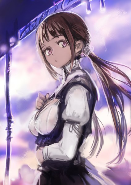 Anime picture 2480x3508 with original okuto single long hair tall image looking at viewer fringe highres breasts brown hair standing purple eyes payot upper body blunt bangs long sleeves puffy sleeves low ponytail girl hair tie
