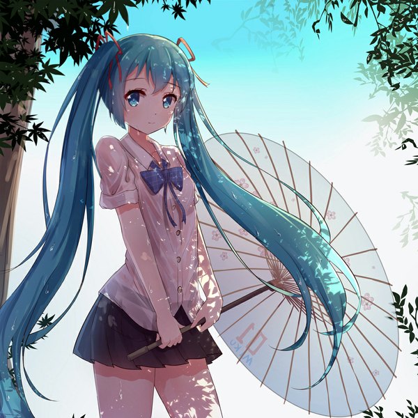 Anime picture 1000x1000 with vocaloid hatsune miku byakuya reki single long hair looking at viewer blush fringe smile standing twintails holding pleated skirt aqua eyes light smile sunlight aqua hair character names floral print revision