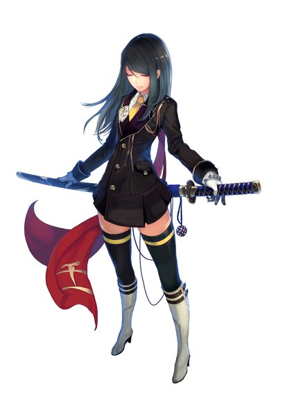 Anime picture 1500x2122 with saionji botan akai katana shin tachikawa mushimaro (bimo) single long hair tall image fringe black hair simple background standing white background holding eyes closed pleated skirt official art high heels girl thighhighs skirt gloves