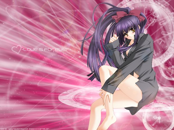 Anime picture 1600x1200 with kao no nai tsuki kuraki suzuna carnelian long hair looking at viewer blush fringe light erotic brown eyes purple hair ponytail barefoot bare legs legs hair ornament shirt