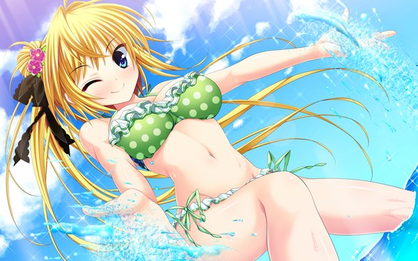 Anime picture 1054x659 with scramble lovers mibu natsume ariko youichi single long hair looking at viewer blush breasts light erotic blonde hair smile large breasts bare shoulders game cg sky cleavage cloud (clouds) ponytail one eye closed wink