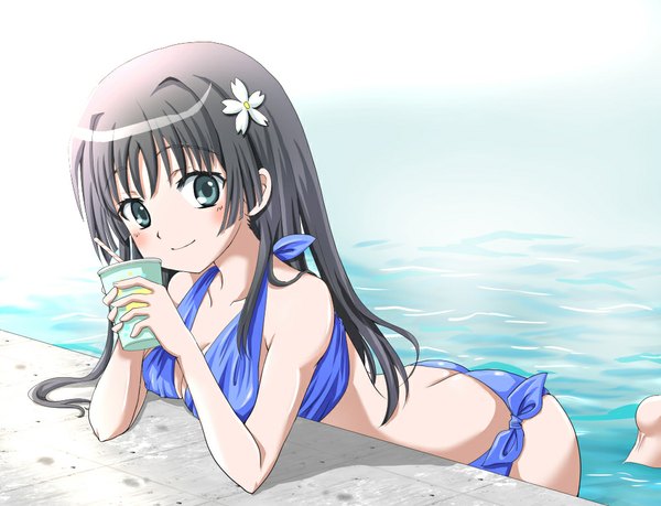 Anime picture 1000x766 with to aru kagaku no railgun to aru majutsu no index j.c. staff saten ruiko chize single long hair looking at viewer blush blue eyes black hair smile girl swimsuit bikini