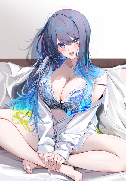Anime picture 2850x4085 with original natsumi (komupi) komupi1013 single long hair tall image looking at viewer blush fringe highres breasts open mouth blue eyes light erotic black hair smile hair between eyes large breasts sitting full body