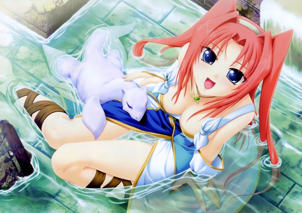 Anime picture 4751x3353 with ikusa megami zero (game) single long hair looking at viewer blush highres breasts open mouth blue eyes light erotic pink hair cleavage fantasy girl water dragon