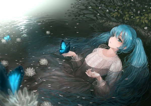 Anime picture 1500x1049 with vocaloid hatsune miku suzushiro sayu single long hair twintails aqua eyes aqua hair ophelia's pose girl dress petals water insect butterfly water lily