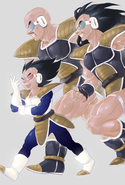 Anime picture 811x1200 with dragon ball vegeta raditz nappa supobi long hair tall image short hair open mouth black hair simple background smile eyes closed profile grey background group muscle clenched teeth running bald