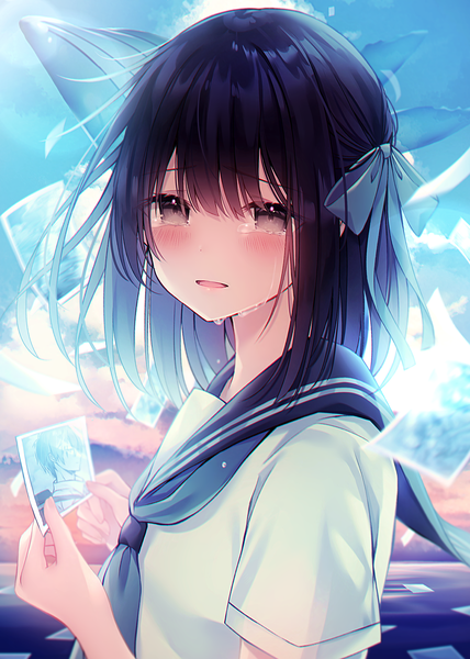 Anime picture 2976x4175 with original kuro namako single tall image looking at viewer blush highres short hair open mouth black hair brown hair holding sky cloud (clouds) upper body wind sunlight blurry short sleeves tears