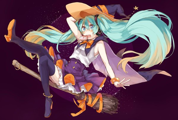 Anime picture 2274x1536 with vocaloid hatsune miku moegi0926 single blush highres open mouth simple background twintails very long hair aqua eyes aqua hair halloween purple background broom riding girl skirt ribbon (ribbons) hat food